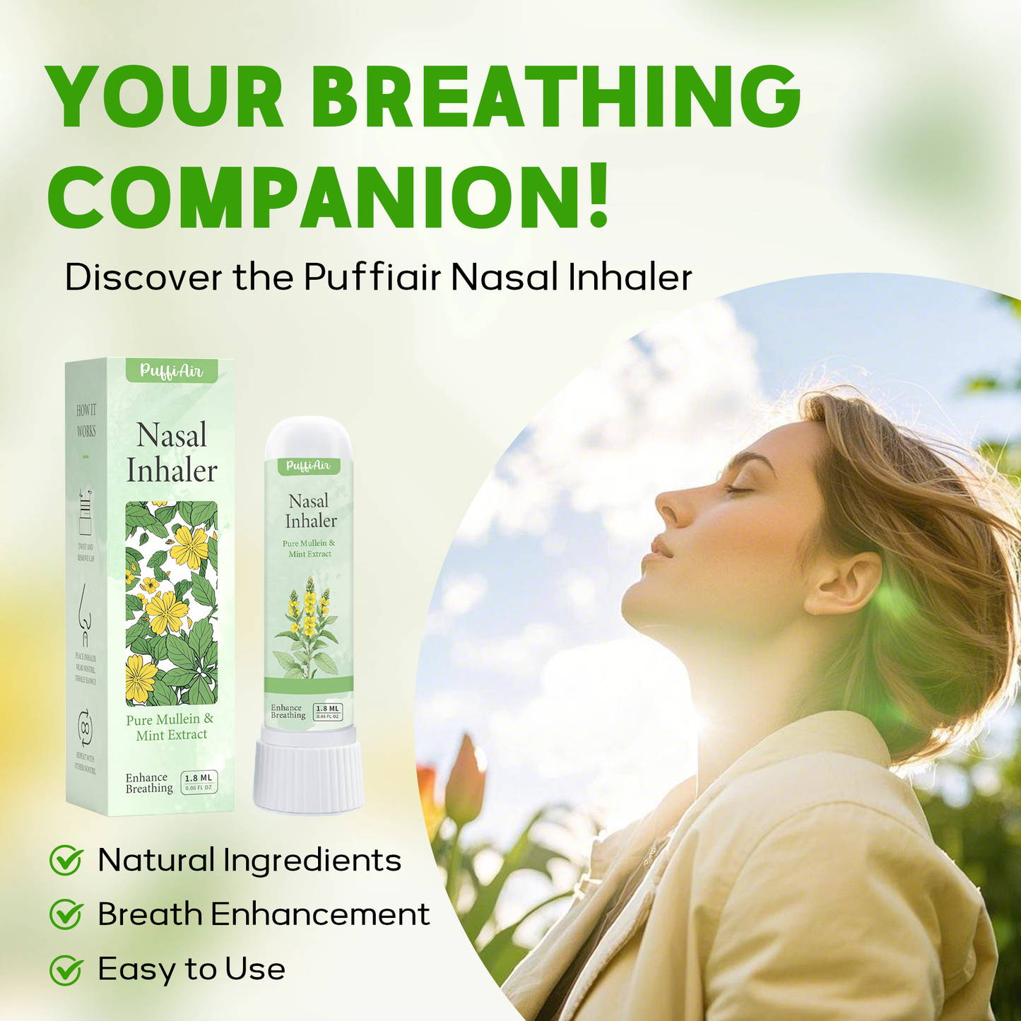 Nasal Sticks for Breathing Improvement with Extracts of Pure Mullein and Mint